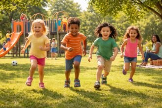- Vidám gyerekek nyári szandálban sétálnak parkban és játszanak futás közben