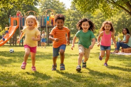 - Vidám gyerekek nyári szandálban sétálnak parkban és játszanak futás közben