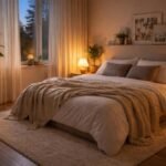- Hálószoba hangulatát megteremtő takaró, puha szőnyeg, lámpa és natúr szín.