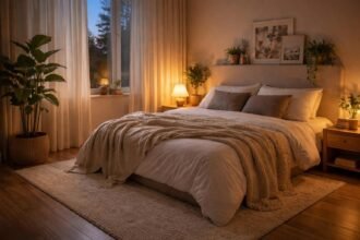 - Hálószoba hangulatát megteremtő takaró, puha szőnyeg, lámpa és natúr szín.