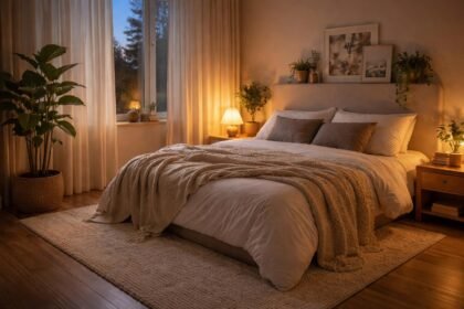 - Hálószoba hangulatát megteremtő takaró, puha szőnyeg, lámpa és natúr szín.