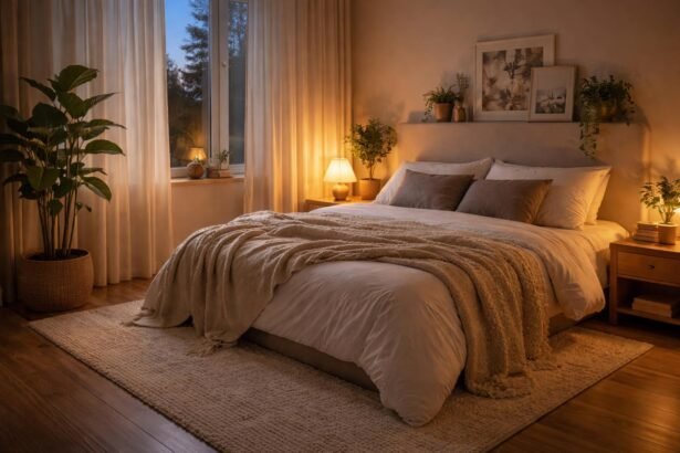- Hálószoba hangulatát megteremtő takaró, puha szőnyeg, lámpa és natúr szín.