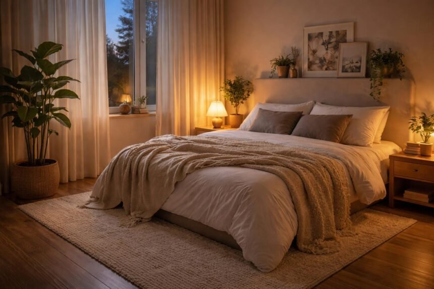 - Hálószoba hangulatát megteremtő takaró, puha szőnyeg, lámpa és natúr szín.