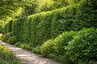 - Sűrű örökzöld sövény rejti a kertet és tompítja a zajt.