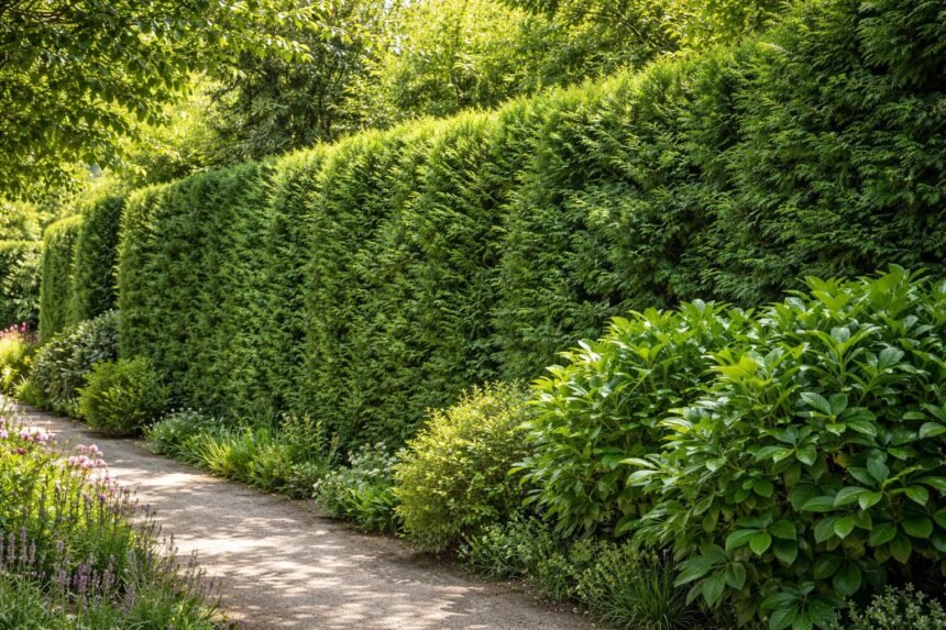 - Sűrű örökzöld sövény rejti a kertet és tompítja a zajt.