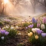 -Korai tavaszi virágok a fagyos kertben élettel táncoló sakktáblán, s jelzik a közeledő tavaszt