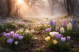 -Korai tavaszi virágok a fagyos kertben élettel táncoló sakktáblán, s jelzik a közeledő tavaszt