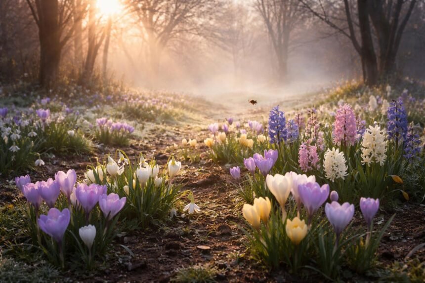 -Korai tavaszi virágok a fagyos kertben élettel táncoló sakktáblán, s jelzik a közeledő tavaszt