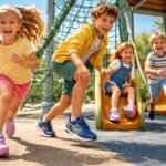 - Gyerekek játszanak a játszótéren Geox lélegző cipőben, stílusos, kényelmes lábbelivel.