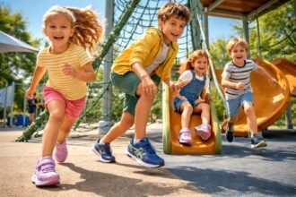 - Gyerekek játszanak a játszótéren Geox lélegző cipőben, stílusos, kényelmes lábbelivel.